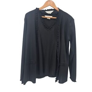 Exclusively Misook Black Ruffled Cardigan Set Knit Top‎ V Neck Medium